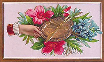 Victorian calling card with hand holding paint palette and brushes