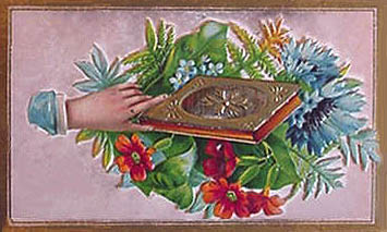 Victorian calling card with hand holding book